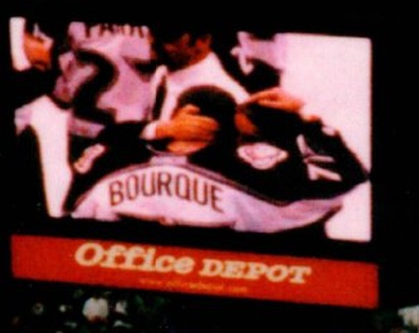 Video screen showing Bourque on the back of a jersey during the celebration