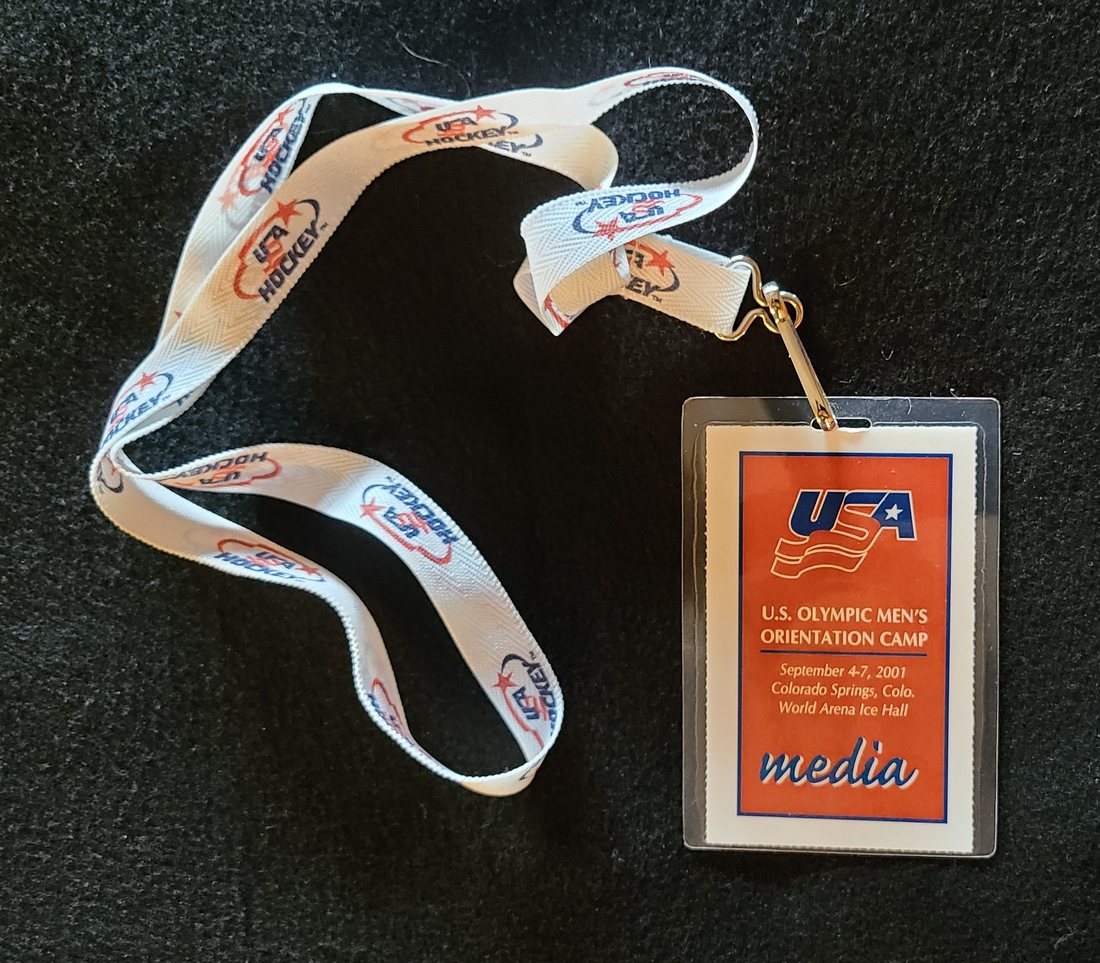 USA Hockey media credential and lanyard for the 2001 U.S. Olympic Men's Orientation Camp