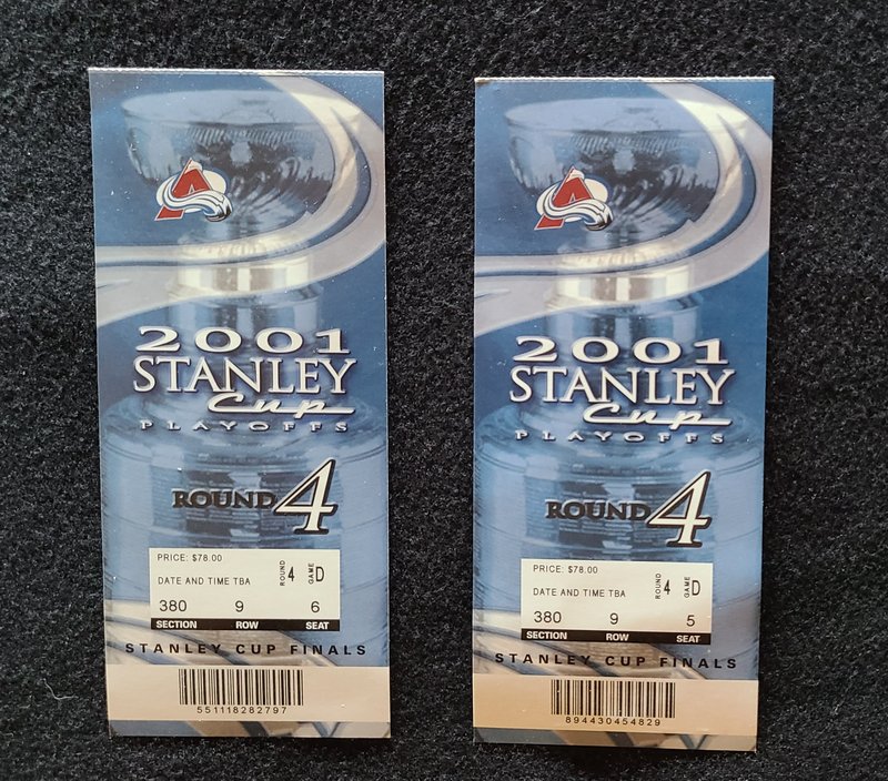 Two 2001 Stanley Cup Final tickets, Section 380, Row 9, Seats 5 and 6